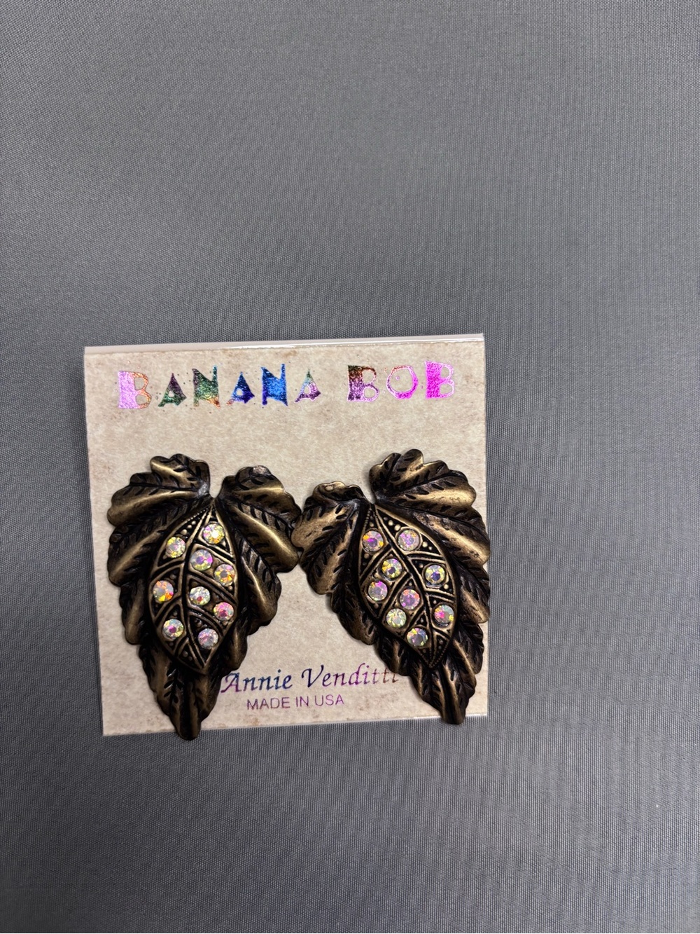 Banana Bob Bronze Leaf Earrings with Iridescent Stones
